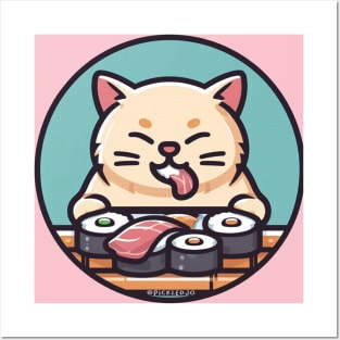 Cat eating Sushi Posters and Art